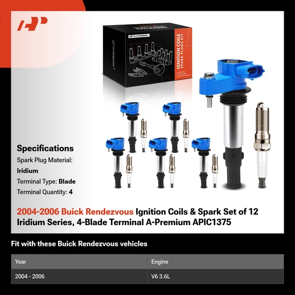 2004-2006 Buick Rendezvous Ignition Coils & Spark Set of 12 Iridium Series, 4-Blade Terminal A-Premium APIC1375