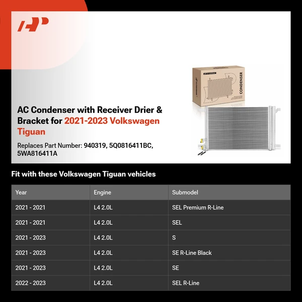 AC Condenser with Receiver Drier & Bracket for 2021-2023 Volkswagen Tiguan