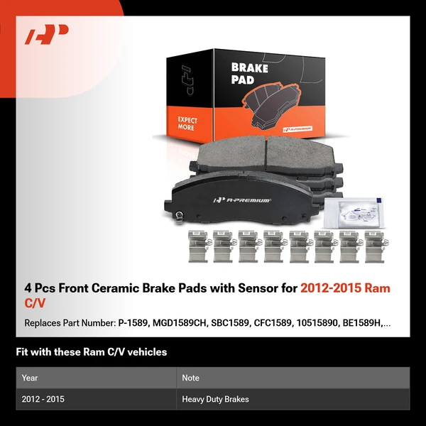 4 Pcs Front Ceramic Brake Pads with Sensor for 2012-2015 Ram C/V