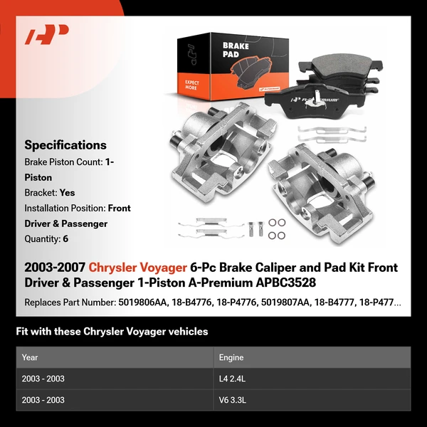 2003-2007 Chrysler Voyager 6-Pc Brake Caliper and Pad Kit Front Driver & Passenger 1-Piston A-Premium APBC3528