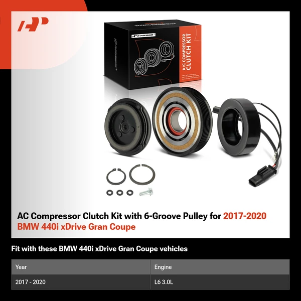 AC Compressor Clutch Kit with 6-Groove Pulley for 2017-2020 BMW 440i xDrive Gran Coupe