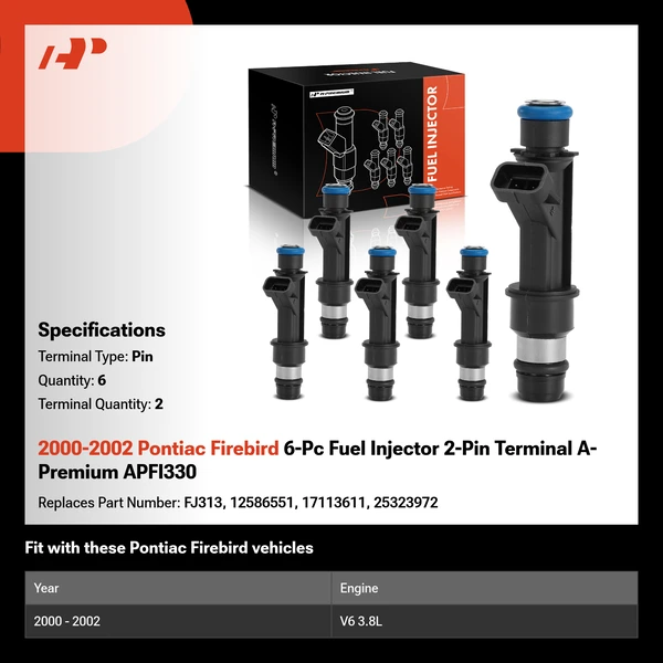 2000-2002 Pontiac Firebird 6-Pc Fuel Injector 2-Pin Terminal A-Premium APFI330