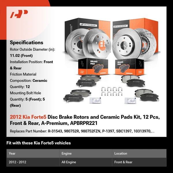 2012 Kia Forte5 Disc Brake Rotors and Ceramic Pads Kit, 12 Pcs, Front & Rear, A-Premium, APBRPR221