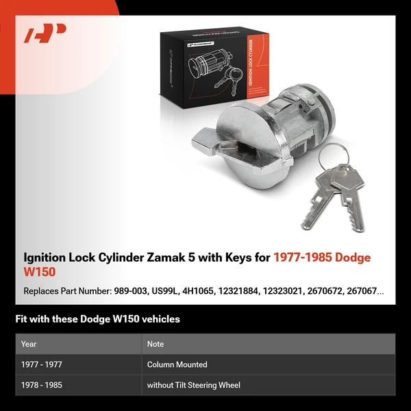 Ignition Lock Cylinder Zamak 5 with Keys for 1977-1985 Dodge W150