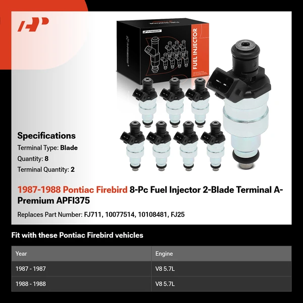 1987-1988 Pontiac Firebird 8-Pc Fuel Injector 2-Blade Terminal A-Premium APFI375