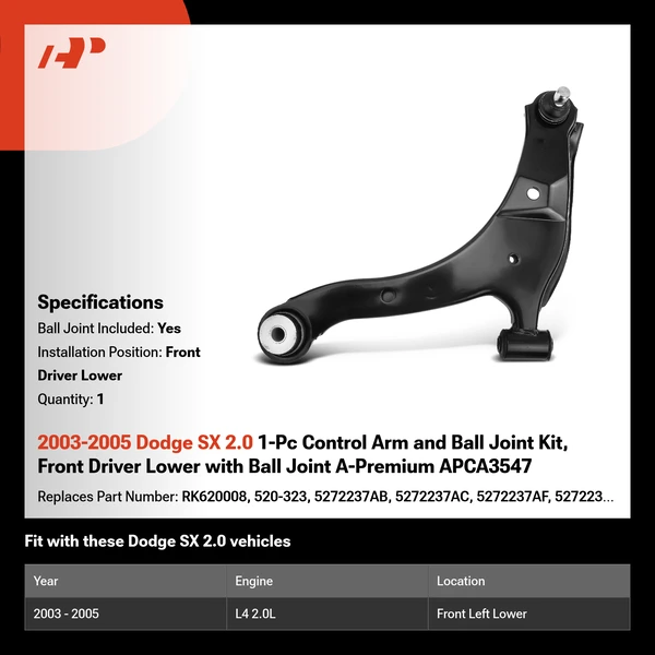 2003-2005 Dodge SX 2.0 1-Pc Control Arm and Ball Joint Kit, Front Driver Lower with Ball Joint A-Premium APCA3547