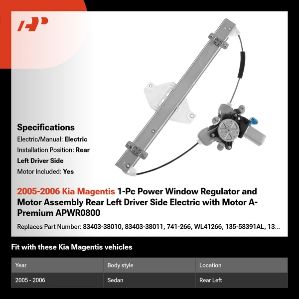2005-2006 Kia Magentis 1-Pc Power Window Regulator and Motor Assembly Rear Left Driver Side Electric with Motor A-Premium APWR0800