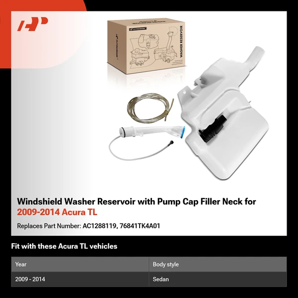 Windshield Washer Reservoir with Pump Cap Filler Neck for 2009-2014 Acura TL