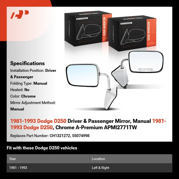 1981-1993 Dodge D250 Driver & Passenger Mirror, Manual 1981-1993 Dodge D250, Chrome A-Premium APMI2771TW