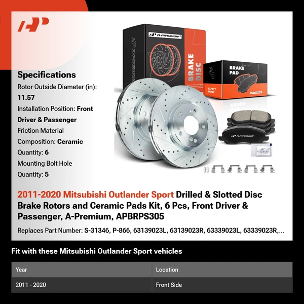 2011-2020 Mitsubishi Outlander Sport Drilled & Slotted Disc Brake Rotors and Ceramic Pads Kit, 6 Pcs, Front Driver & Passenger, A-Premium, APBRPS305