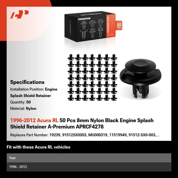 1996-2012 Acura RL 50 Pcs 8mm Nylon Black Engine Splash Shield Retainer A-Premium APRCF4278