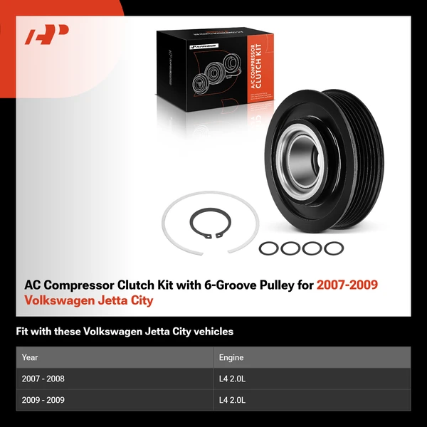 AC Compressor Clutch Kit with 6-Groove Pulley for 2007-2009 Volkswagen Jetta City