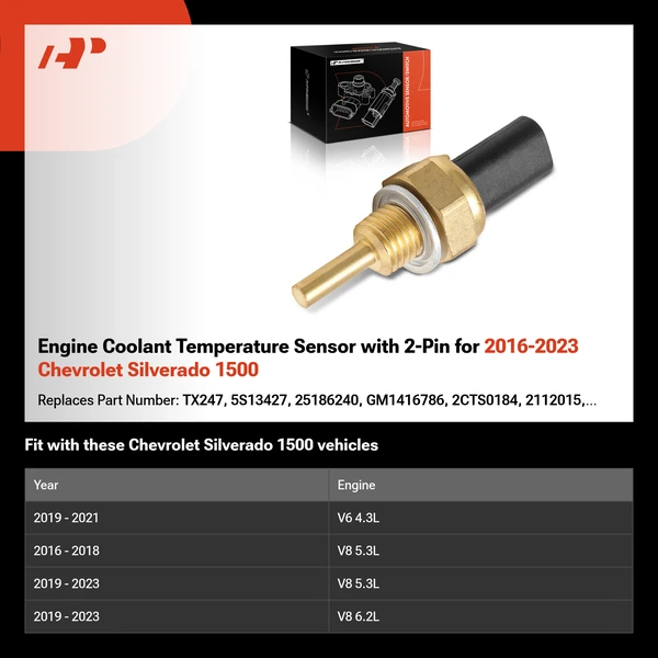 Engine Coolant Temperature Sensor with 2-Pin for 2016-2023 Chevrolet Silverado 1500