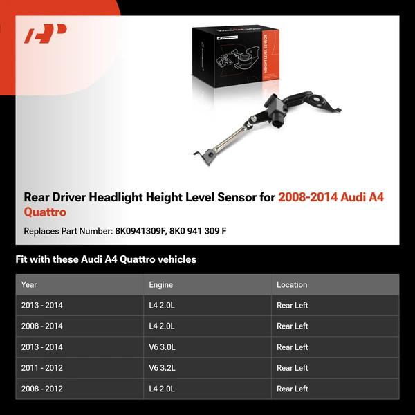 Rear Driver Headlight Height Level Sensor for 2008-2014 Audi A4 Quattro