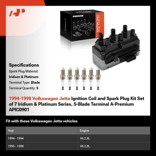 1994-1998 Volkswagen Jetta Ignition Coil and Spark Plug Kit Set of 7 Iridium & Platinum Series, 5-Blade Terminal A-Premium APIC0901