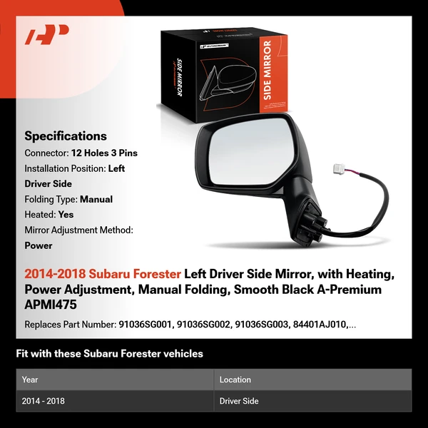 2014-2018 Subaru Forester Left Driver Side Mirror, with Heating, Power Adjustment, Manual Folding, Smooth Black A-Premium APMI475