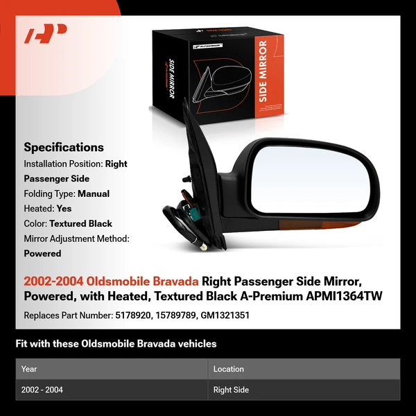 2002-2004 Oldsmobile Bravada Right Passenger Side Mirror, Powered, with Heated, Textured Black A-Premium APMI1364TW