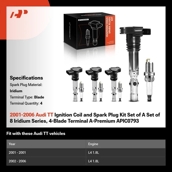 2001-2006 Audi TT Ignition Coil and Spark Plug Kit Set of A Set of 8 Iridium Series, 4-Blade Terminal A-Premium APIC0793