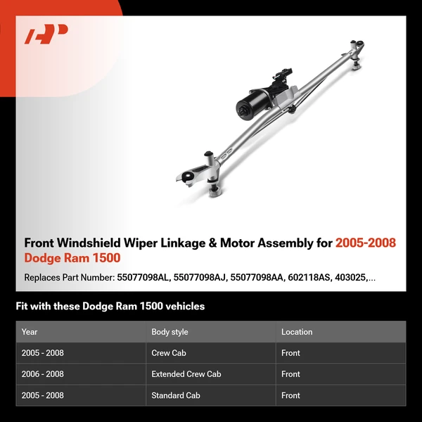 Front Windshield Wiper Linkage & Motor Assembly for 2005-2008 Dodge Ram 1500