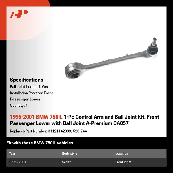 1995-2001 BMW 750iL 1-Pc Control Arm and Ball Joint Kit, Front Passenger Lower with Ball Joint A-Premium CA057