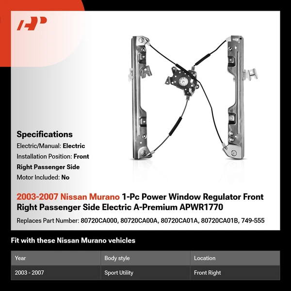 2003-2007 Nissan Murano 1-Pc Power Window Regulator Front Right Passenger Side Electric A-Premium APWR1770