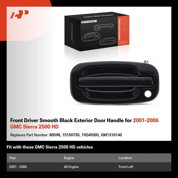 Front Driver Smooth Black Exterior Door Handle for 2001-2006 GMC Sierra 2500 HD