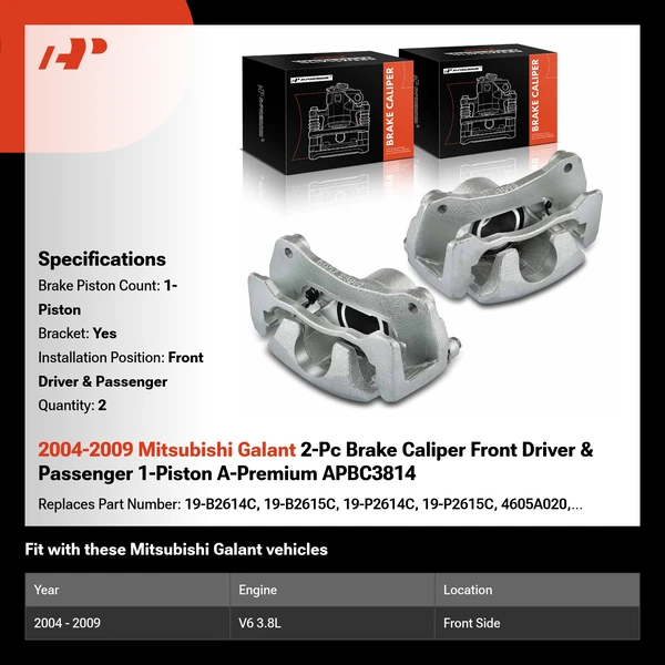2004-2009 Mitsubishi Galant 2-Pc Brake Caliper Front Driver & Passenger 1-Piston A-Premium APBC3814