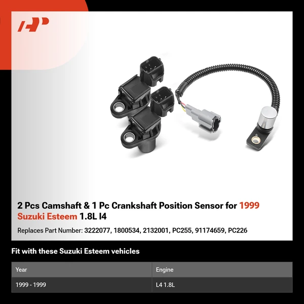 2 Pcs Camshaft & 1 Pc Crankshaft Position Sensor for 1999 Suzuki Esteem 1.8L l4