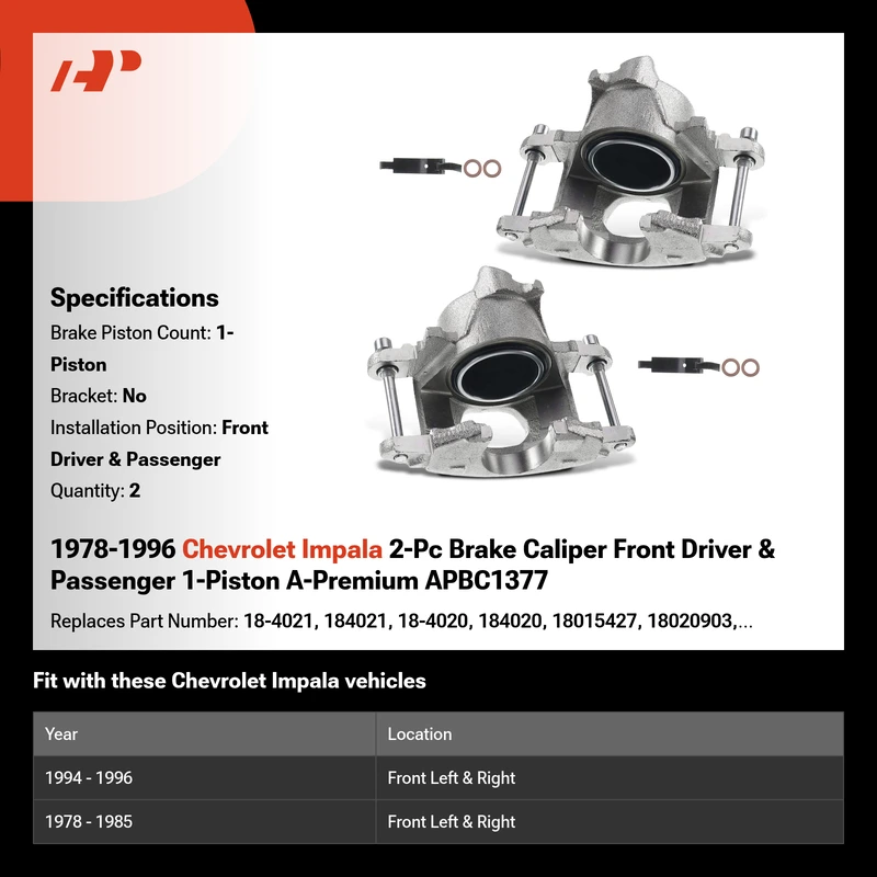 1978-1996 Chevrolet Impala 2-Pc Brake Caliper Front Driver & Passenger 1-Piston A-Premium APBC1377
