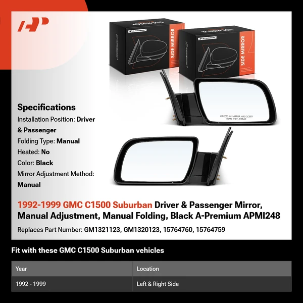 1992-1999 GMC C1500 Suburban Driver & Passenger Mirror, Manual Adjustment, Manual Folding, Black A-Premium APMI248