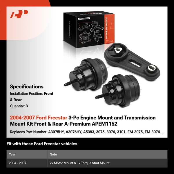 2004-2007 Ford Freestar 3-Pc Engine Mount and Transmission Mount Kit Front & Rear A-Premium APEM1152