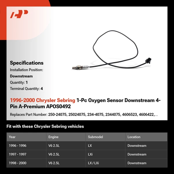 1996-2000 Chrysler Sebring 1-Pc Oxygen Sensor Downstream 4-Pin A-Premium APOS0492