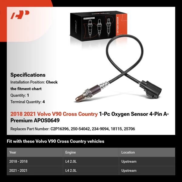 2018 2021 Volvo V90 Cross Country 1-Pc Oxygen Sensor 4-Pin A-Premium APOS0649