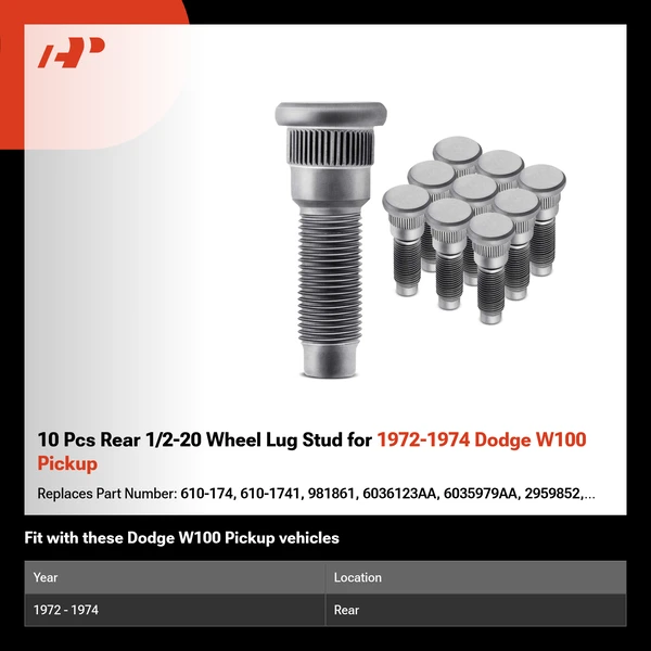 10 Pcs Rear 1/2-20 Wheel Lug Stud for 1972-1974 Dodge W100 Pickup
