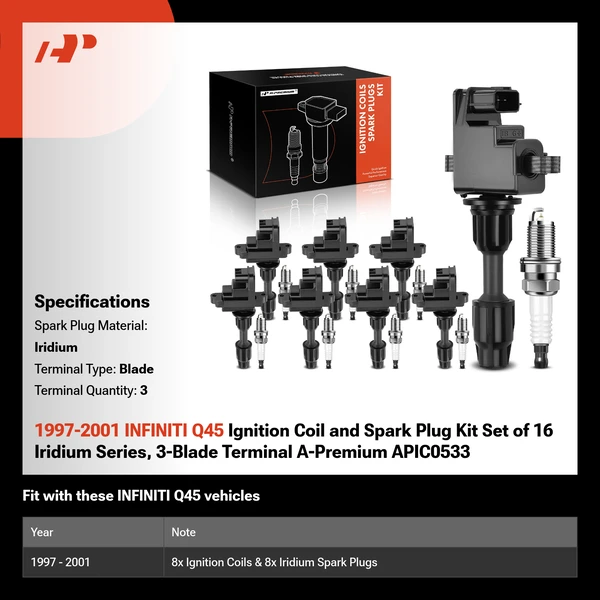 1997-2001 INFINITI Q45 Ignition Coil and Spark Plug Kit Set of 16 Iridium Series, 3-Blade Terminal A-Premium APIC0533