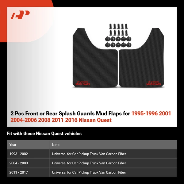 2 Pcs Front or Rear Splash Guards Mud Flaps for 1995-1996 2001 2004-2006 2008 2011 2016 Nissan Quest