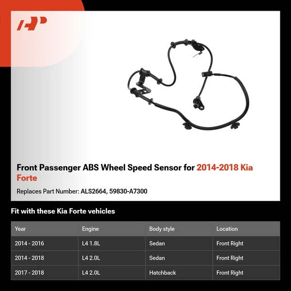 Front Passenger ABS Wheel Speed Sensor for 2014-2018 Kia Forte