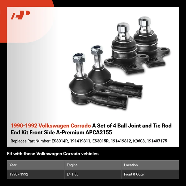 1990-1992 Volkswagen Corrado A Set of 4 Ball Joint and Tie Rod End Kit Front Side A-Premium APCA2155