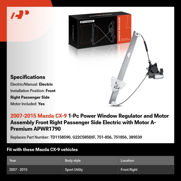 2007-2015 Mazda CX-9 1-Pc Power Window Regulator and Motor Assembly Front Right Passenger Side Electric with Motor A-Premium APWR1790