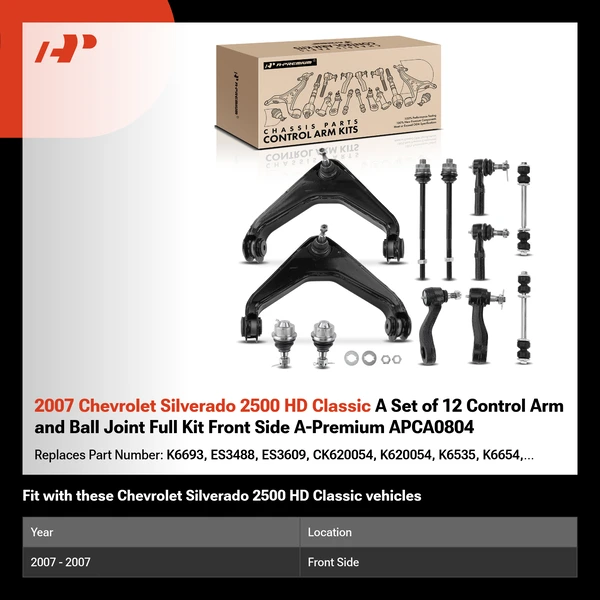 2007 Chevrolet Silverado 2500 HD Classic A Set of 12 Control Arm and Ball Joint Full Kit Front Side A-Premium APCA0804