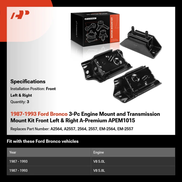 1987-1993 Ford Bronco 3-Pc Engine Mount and Transmission Mount Kit Front Left & Front Right A-Premium APEM1015