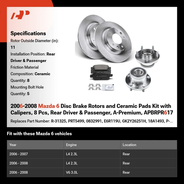 2006-2008 Mazda 6 Disc Brake Rotors and Ceramic Pads Kit with Calipers, 8 Pcs, Rear Driver & Passenger, A-Premium, APBRPR617