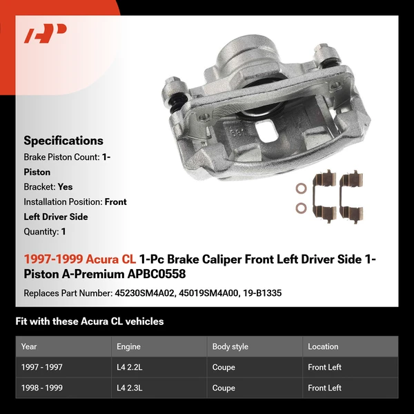 1997-1999 Acura CL 1-Pc Brake Caliper Front Left Driver Side 1-Piston A-Premium APBC0558