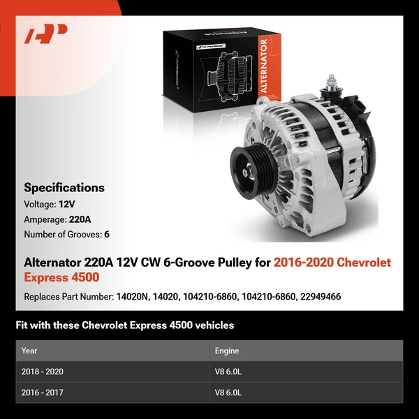 Alternator 220A 12V CW 6-Groove Pulley for 2016-2020 Chevrolet Express 4500