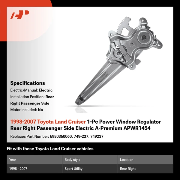 1998-2007 Toyota Land Cruiser 1-Pc Power Window Regulator Rear Right Passenger Side Electric A-Premium APWR1454