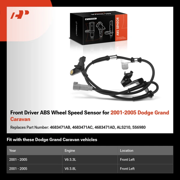 Front Driver ABS Wheel Speed Sensor for 2001-2005 Dodge Grand Caravan