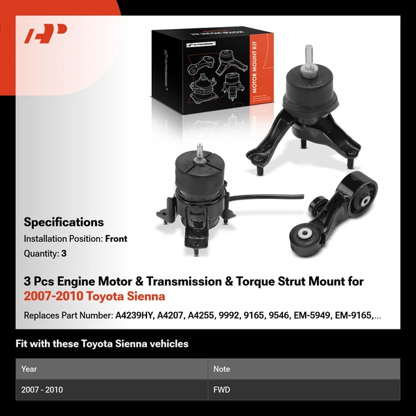 3 Pcs Engine Motor & Transmission & Torque Strut Mount for 2007-2010 Toyota Sienna