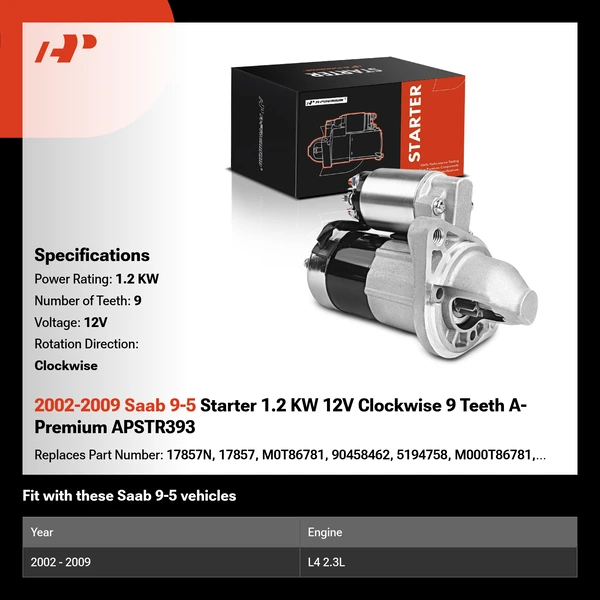 2002-2009 Saab 9-5 Starter 1.2 KW 12V Clockwise 9 Teeth A-Premium APSTR393