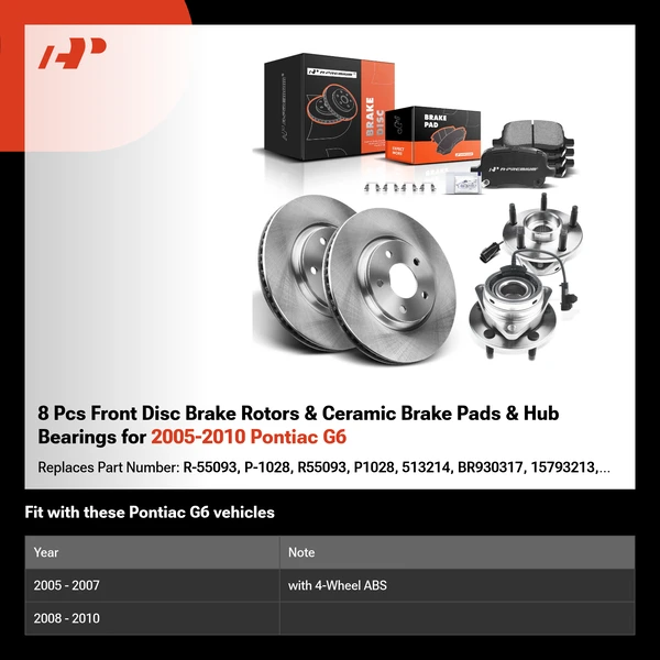 8 Pcs Front Disc Brake Rotors & Ceramic Brake Pads & Hub Bearings for 2005-2010 Pontiac G6