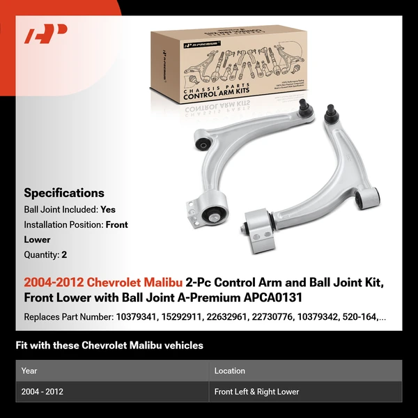 2004-2012 Chevrolet Malibu 2-Pc Control Arm and Ball Joint Kit, Front Lower with Ball Joint A-Premium APCA0131